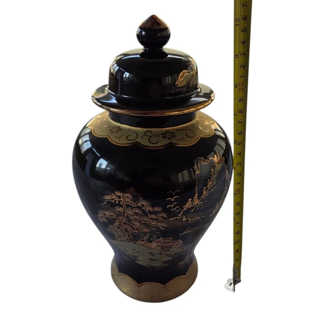 Vintage‎ Japanese Black Gold Ginger Jar Lidded Urn Scenic Landscape Decor
